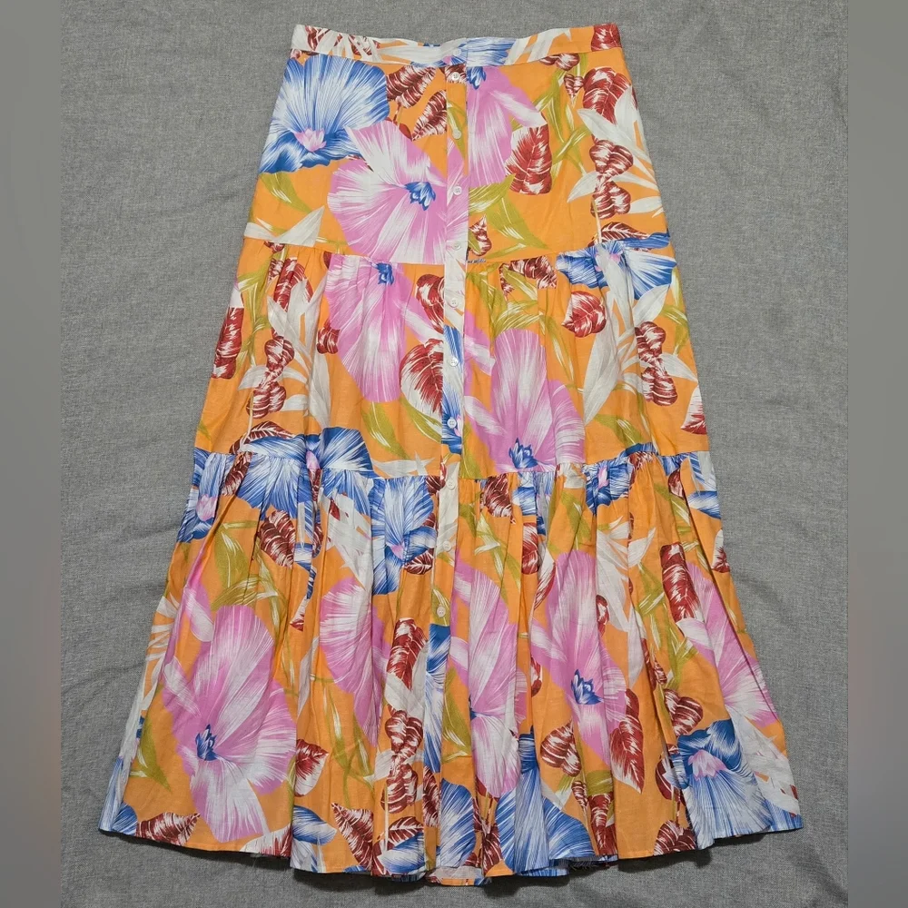 NEVER A WALLFLOWER Tropical Print Tiered Maxi Skirt Button Down Cotton Size XL - Picture 10 of 10